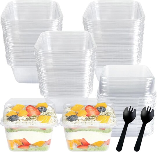 8oz Square Clear Plastic Dessert Cups with Lids & Sporks – 100 Pack Disposable PET Ice Cream Cups for Sundaes, Jello, Yogurt, Fruit, Milkshakes, Boba & Cold Drinks – BPA Free Party Containers